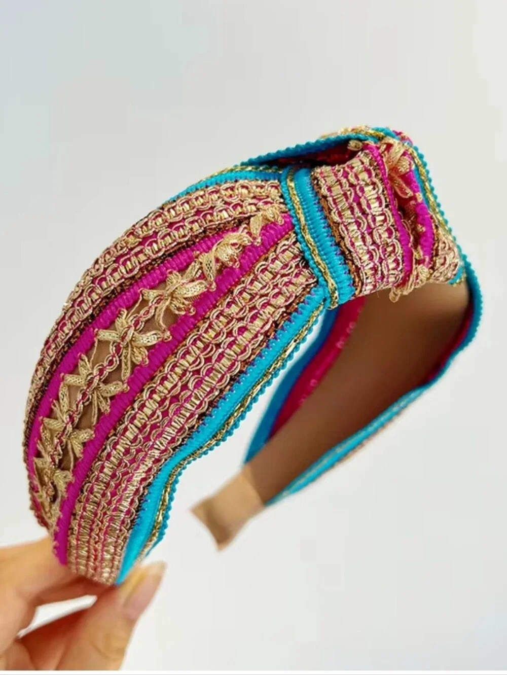 Boho Gold and Blue Pink Embroidered Knot Headband